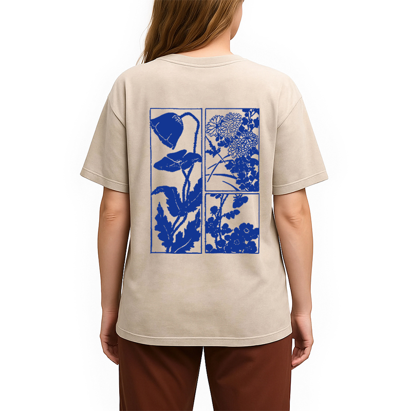 Tokyocanvas Woodcut Flowers Back Washed T-Shirt