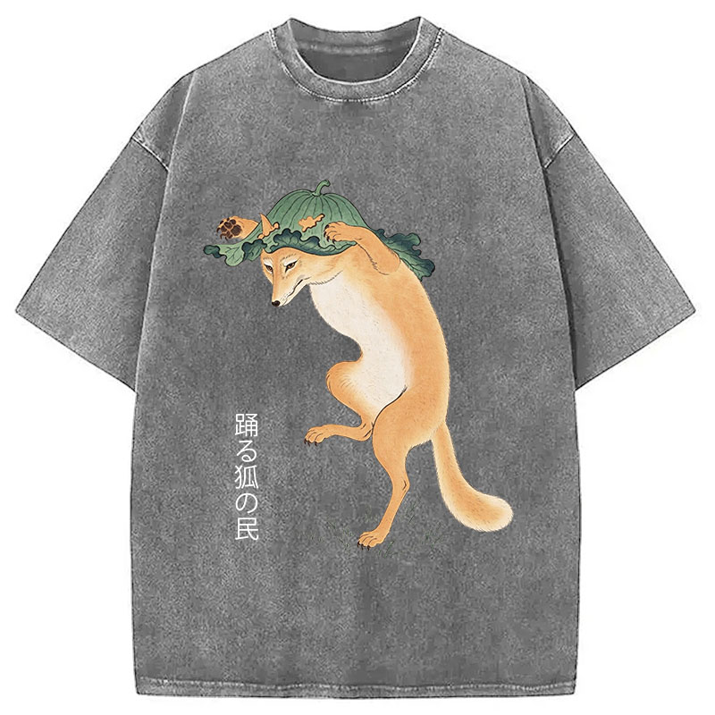 Tokyocanvas Dancing Fox Folk Woodblock Art Washed T-Shirt