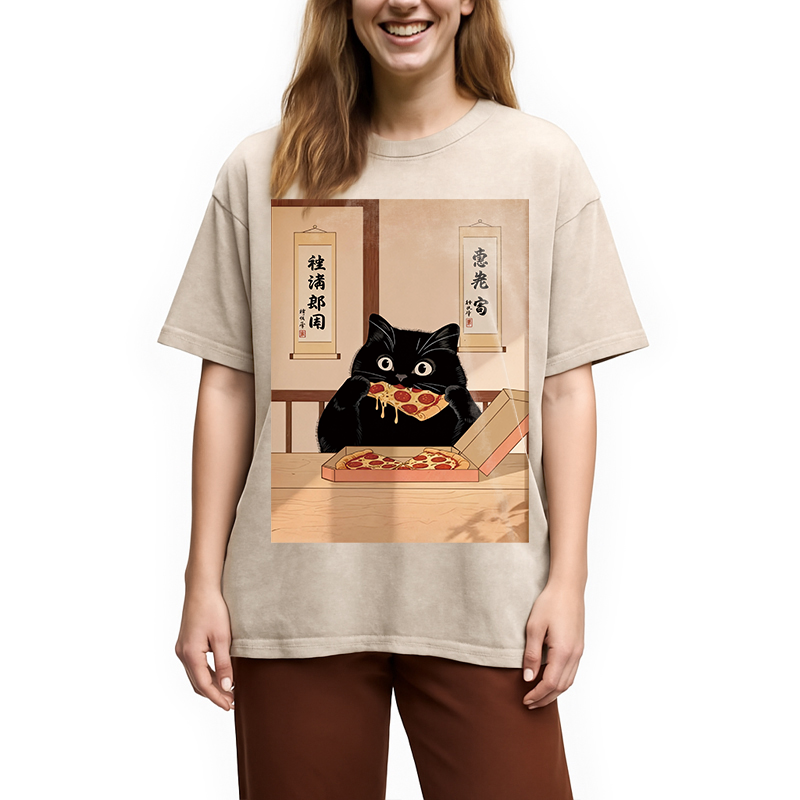 Tokyocanvas Black Cat Pizza Ukiyo-e Washed T-Shirt