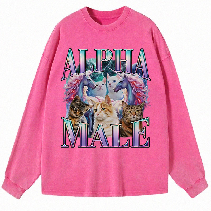 Tokyocanvas Alpha Male Unicorn Cat Long Sleeve Washed T-Shirt