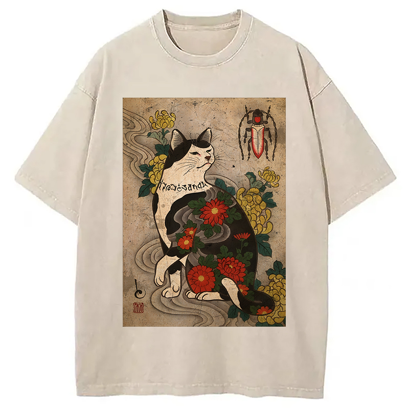 Tokyocanvas Cat Tattoo Floral Washed T-Shirt