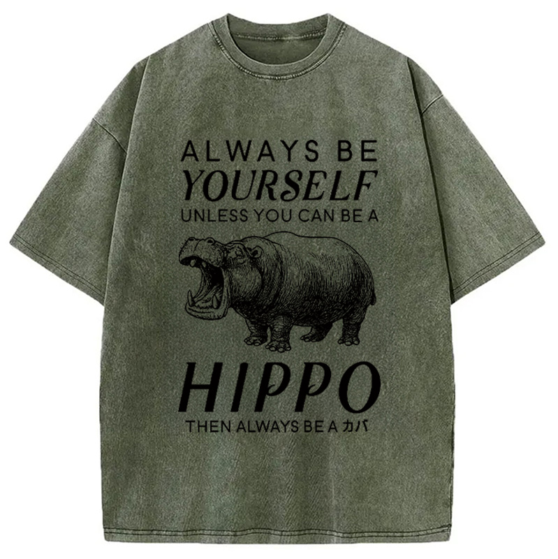 Tokyocanvas Funny Hippopotamu Washed T-Shirt