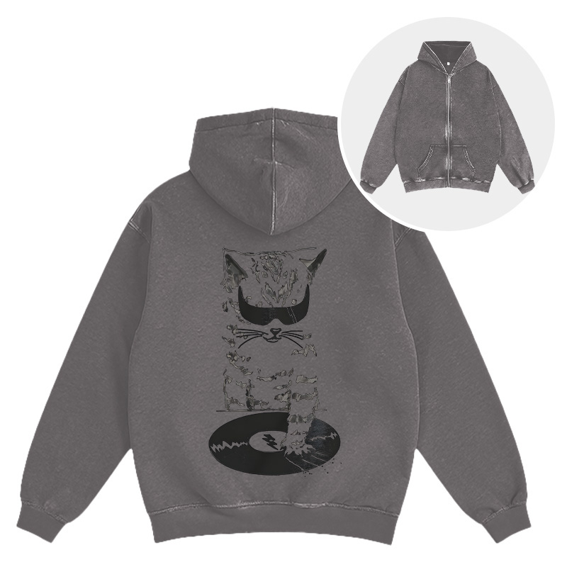 Tokyocanvas DJ Cat Washed Zip Hoodie