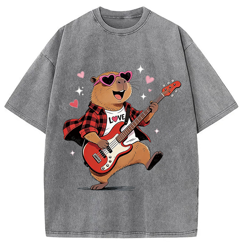 Tokyocanvas Cute Bear Guitar Valentine Washed T-Shirt