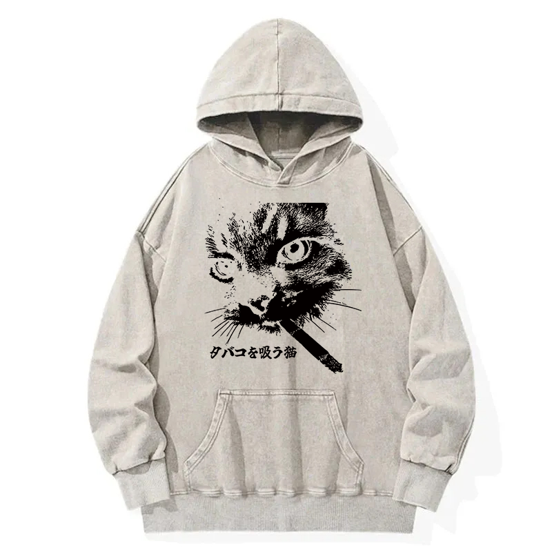 Tokyocanvas Retro Cat Smoking Washed Hoodie