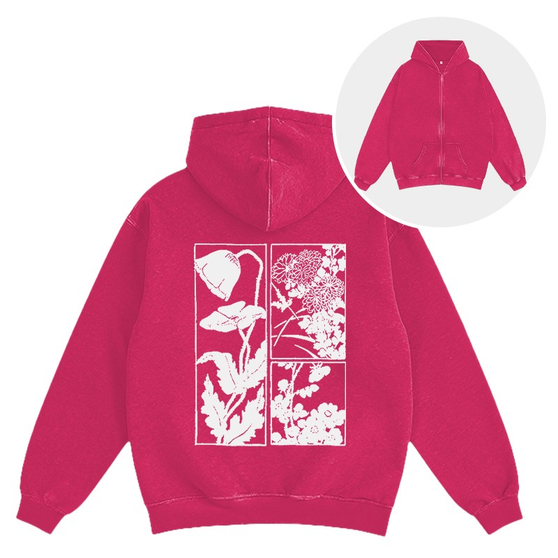 Tokyocanvas Woodcut Flowers Washed Zip Hoodie