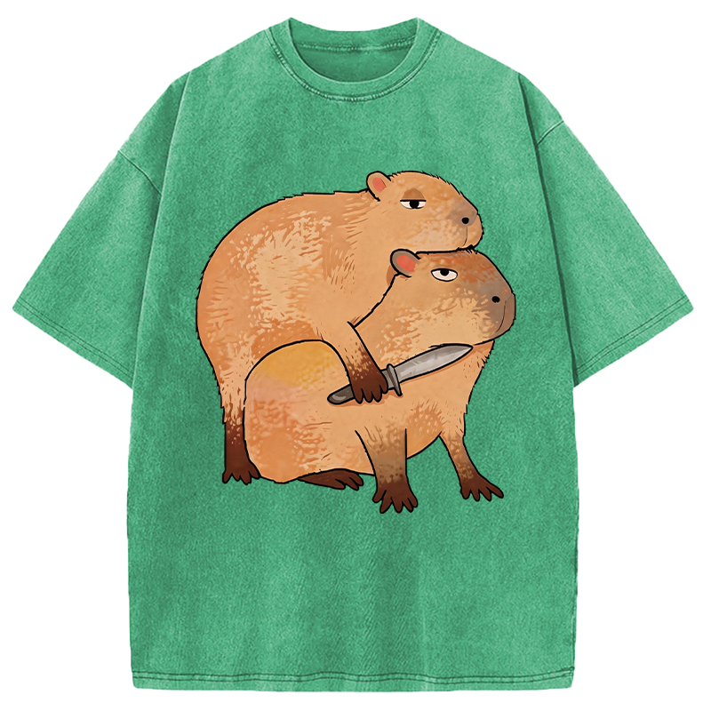 Tokyocanvas Capybara With Knife Funny Washed T-Shirt