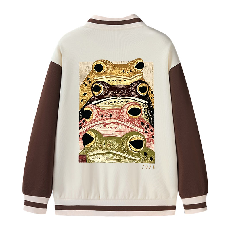 Tokyocanvas Whimsical Multi Colored Frog Art Varsity Jacket