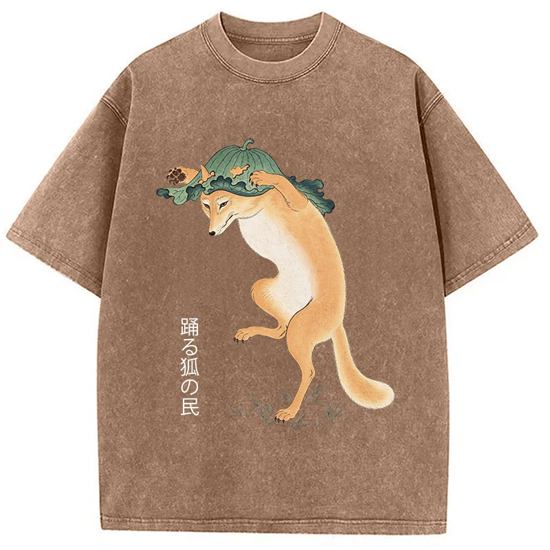 Tokyocanvas Dancing Fox Folk Woodblock Art Washed T-Shirt