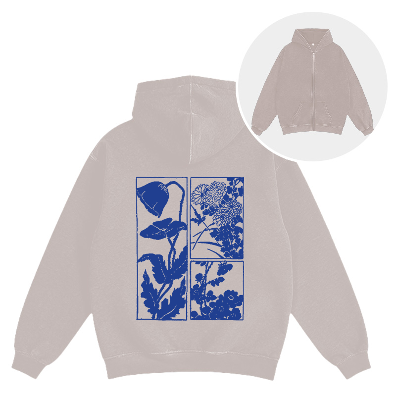 Tokyocanvas Woodcut Flowers Washed Zip Hoodie
