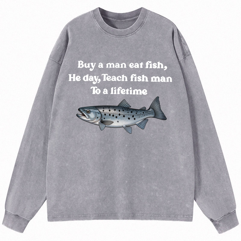 Tokyocanvas Buy A Man Eat Fsh Long Sleeve Washed T-Shirt