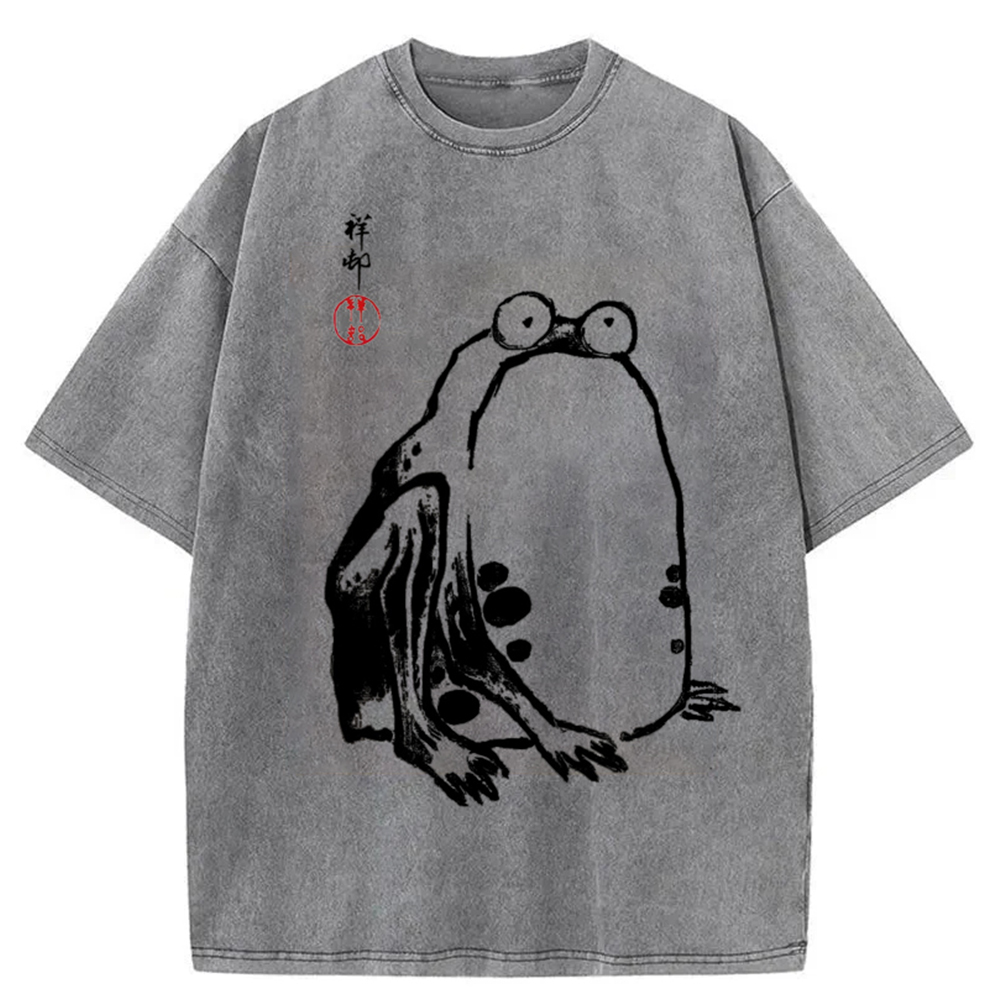 Tokyocanvas Grumpy Frog Aesthetic Japanese Art Washed T-Shirt