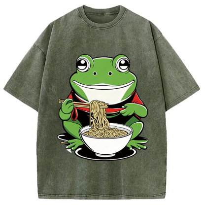 Tokyocanvas Cute Frog Eating Ramen Washed T-Shirt