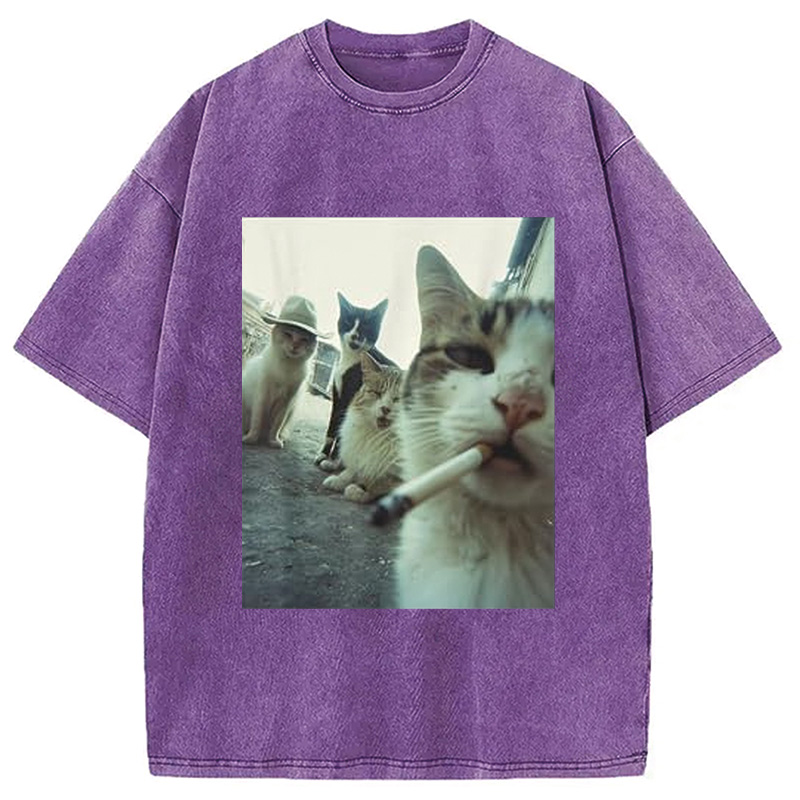 Tokyocanvas Smoking Cat Meme Funny Washed T-Shirt