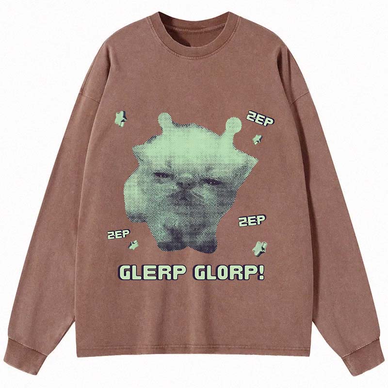 Tokyocanvas Sleepy Glerp Glorp Funny Cat Meme Long Sleeve Washed T-Shirt