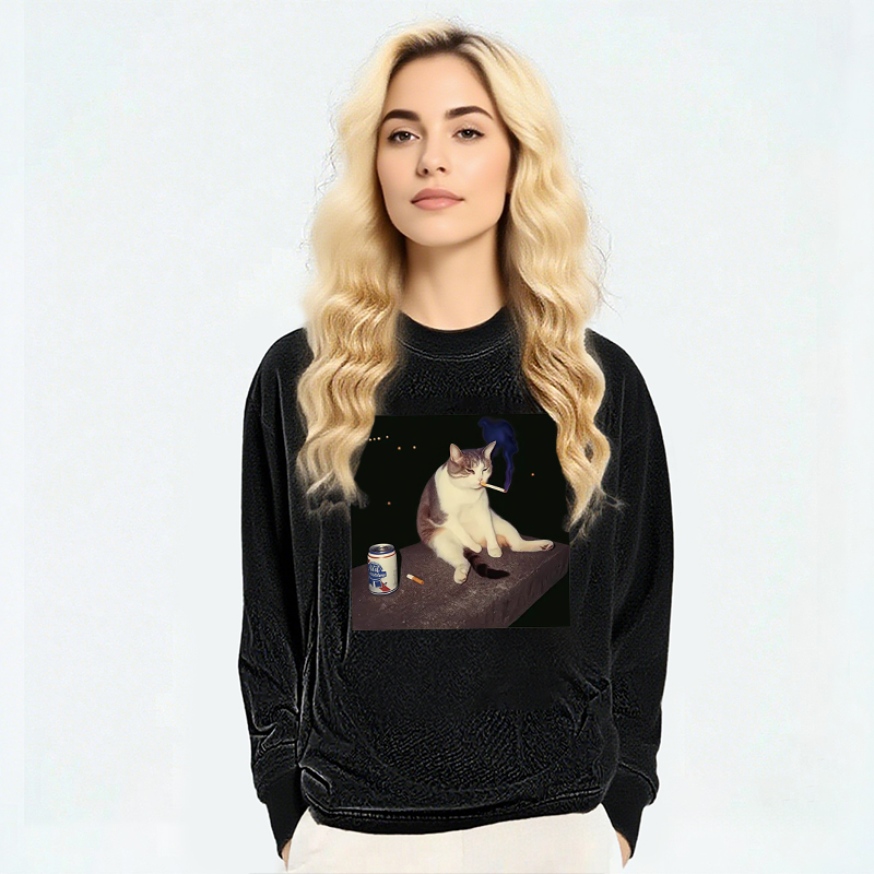 Tokyocanvas Cigarette Kitten Funny Smoking Cat Meme Long Sleeve Washed T-Shirt