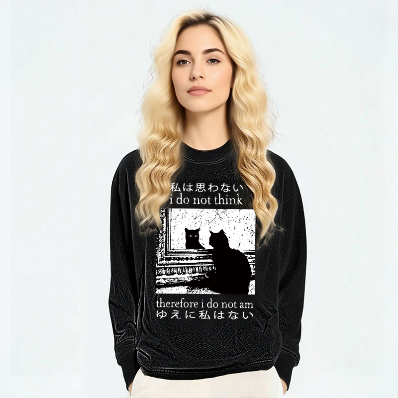 Tokyocanvas Thinking Cat Long Sleeve Washed T-Shirt