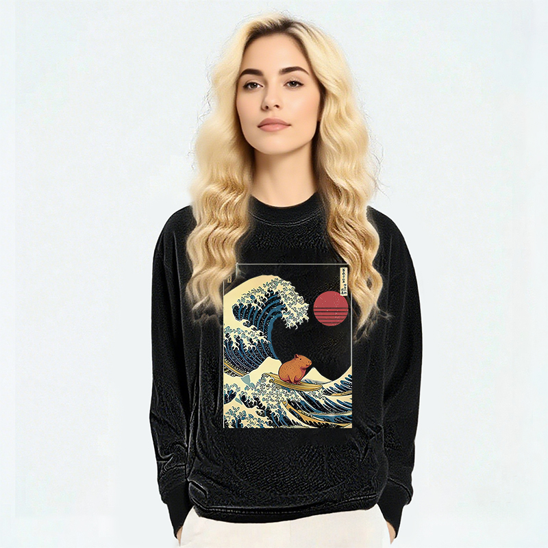 Tokyocanvas Capybara Surfing Long Sleeve Washed T-Shirt