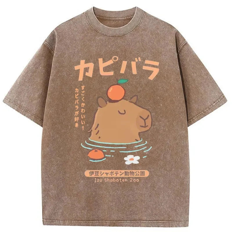 Tokyocanvas Capybara Soaking In Hot Springs Washed T-Shirt