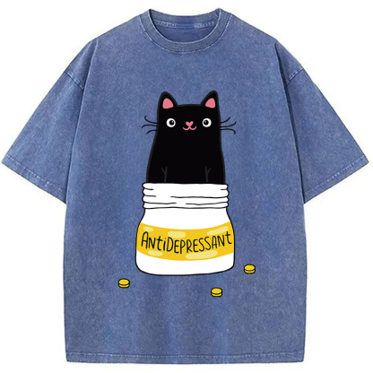 Tokyocanvas Cute Cat Antidepressant Funny Meme Washed T-Shirt