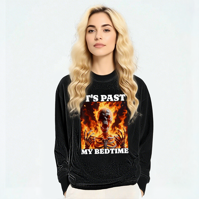 Tokyocanvas It's Past My Bedtime Funny Skeleton Meme Long Sleeve Washed T-Shirt