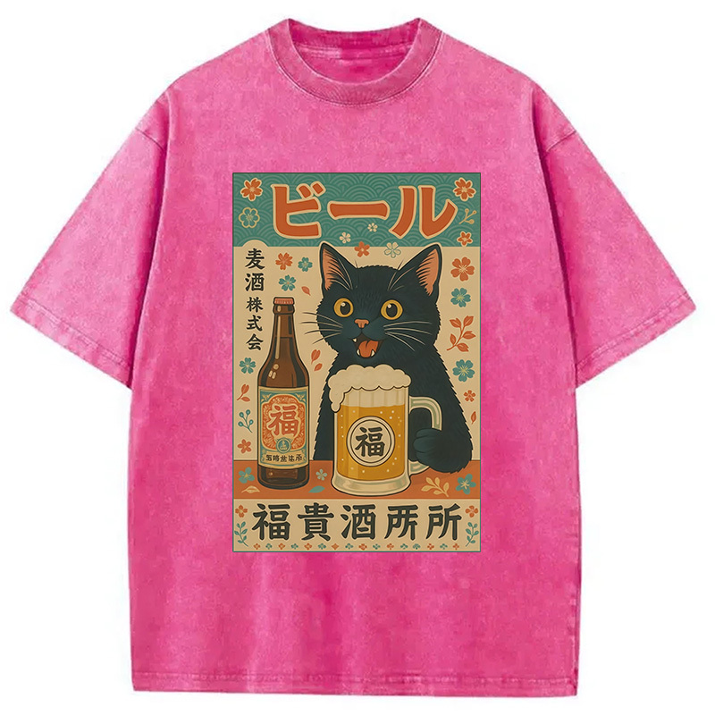 Tokyocanvas Japanese Black Cat Beer Washed T-Shirt