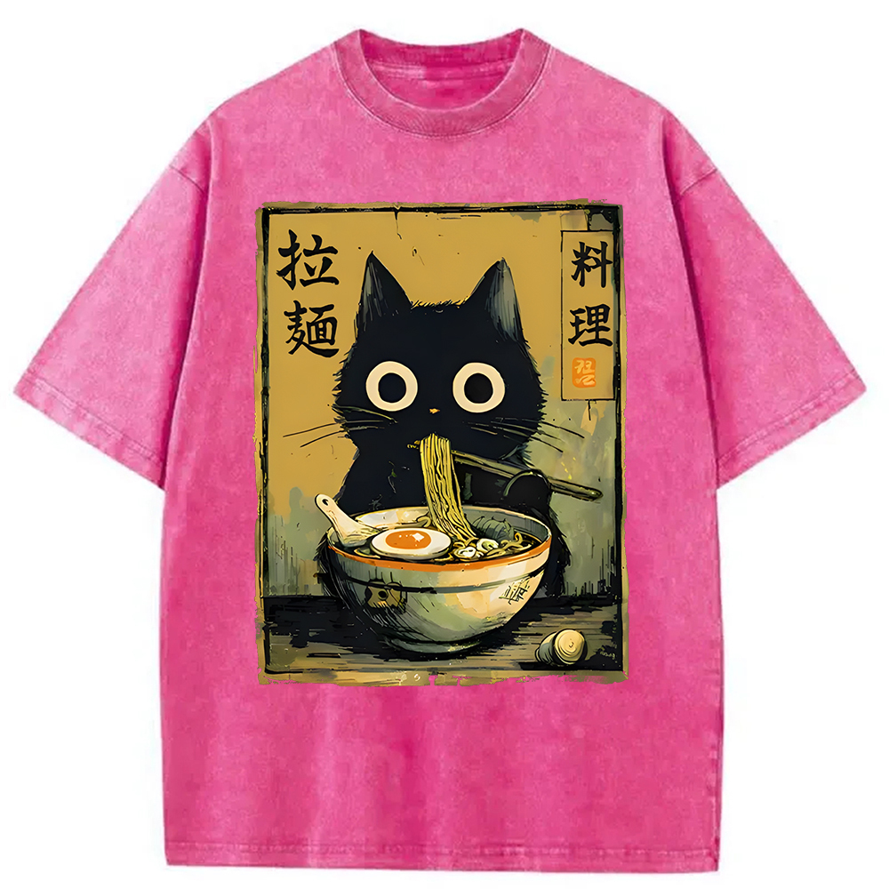 Tokyocanvas Cute Black Cat Eating Ramen Washed T-Shirt
