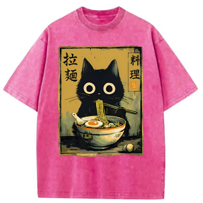 Tokyocanvas Cute Black Cat Eating Ramen Washed T-Shirt
