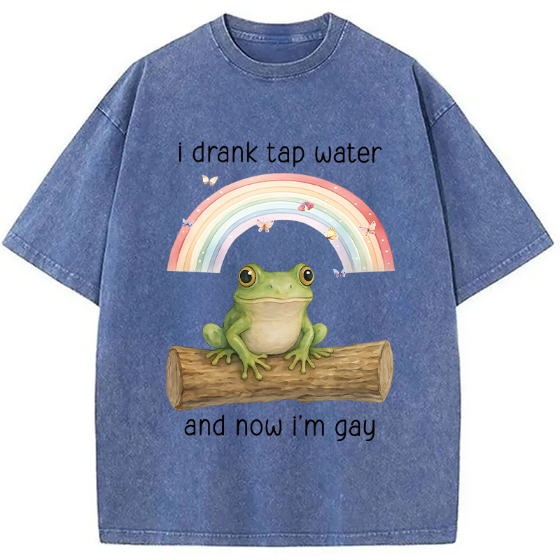 Tokyocanvas I Drank Tap Water Now I'm Gay Funny Frog Washed T-Shirt