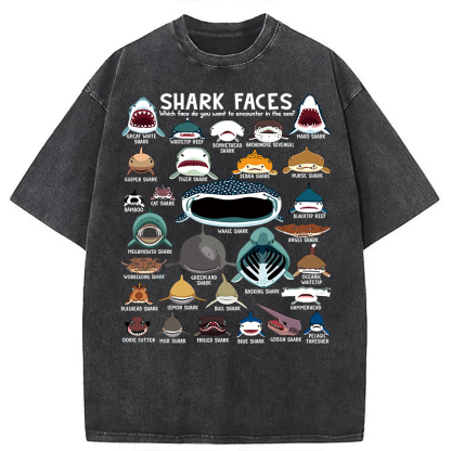 Tokyocanvas Shark Faces Marine Sea Life Washed T-Shirt