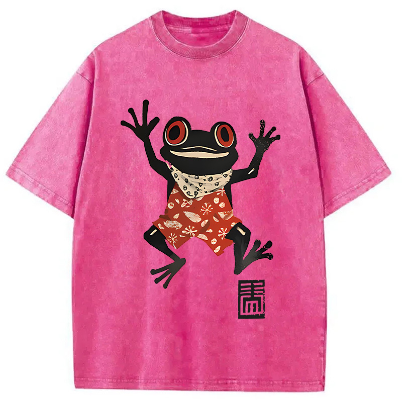 Tokyocanvas Japanese Happy Frog Ukiyoe Washed T-Shirt