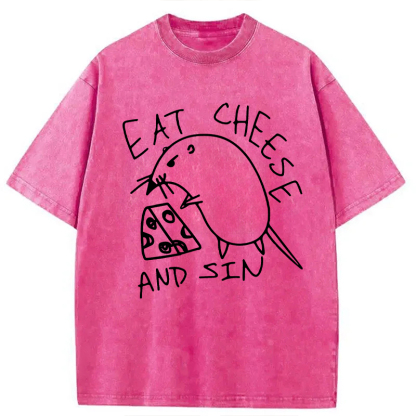 Tokyocanvas Eat Cheese And Sin Meme Washed T-Shirt