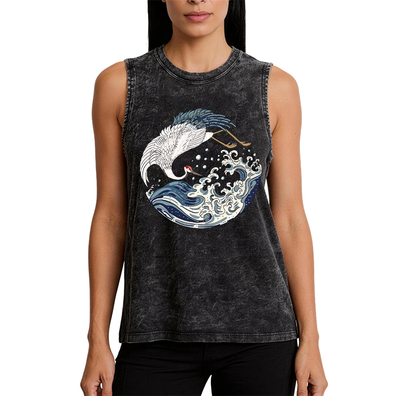 Tokyocanvas Crane Bird Wave Washed Tank