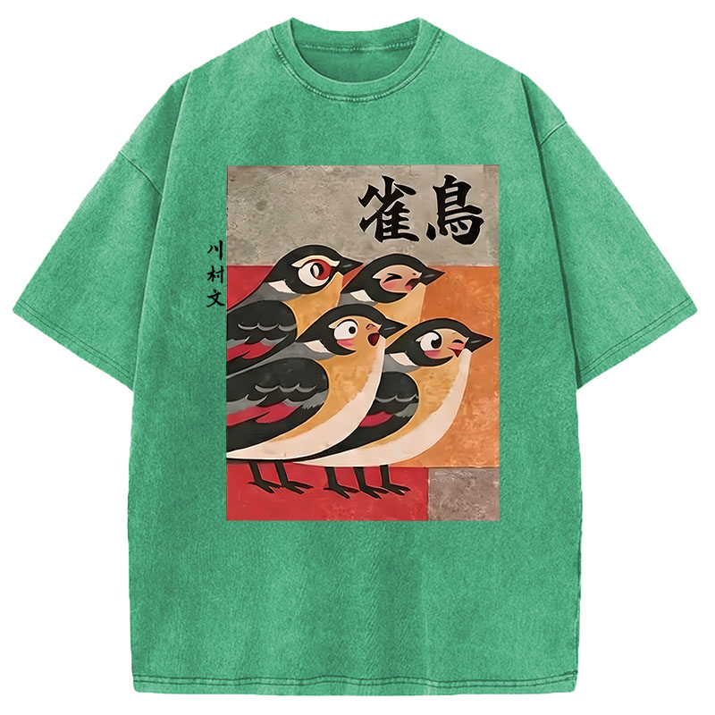 Tokyocanvas Cute Sparrows Washed T-Shirt