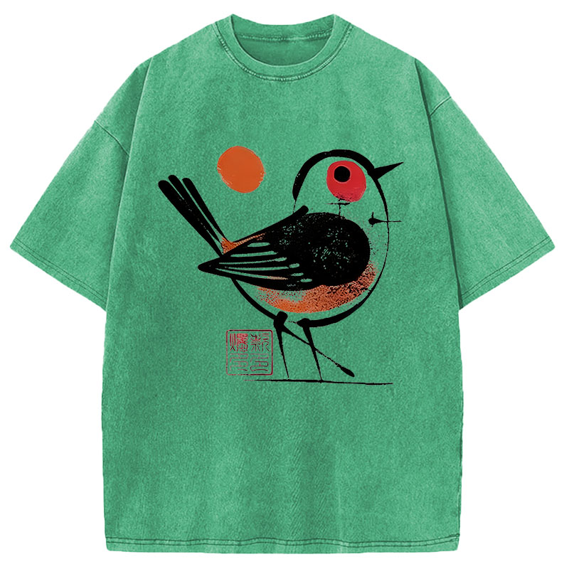 Tokyocanvas Aesthetic Yellow And Black Bird Washed T-Shirt