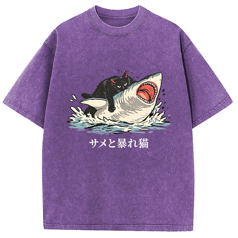 Tokyocanvas Fat Cat Vs Shark Washed T-Shirt