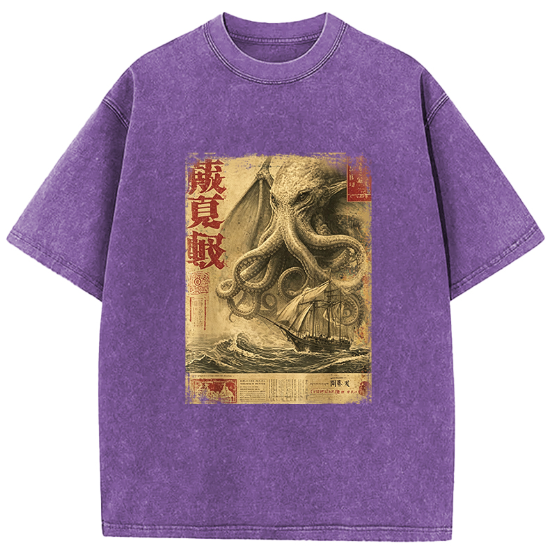 Tokyocanvas Cthulhu Kraken Vintage Japanese Sea Monster Newspaper Washed T-Shirt