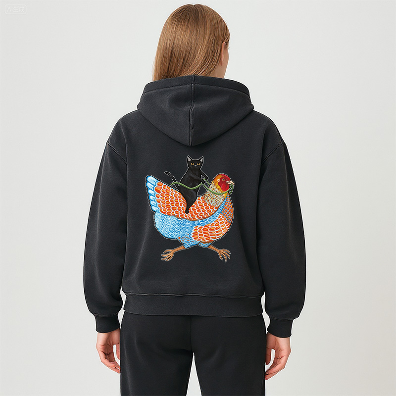 Tokyocanvas Black Cat On a Wyandotte Chicken Washed Zip Hoodie