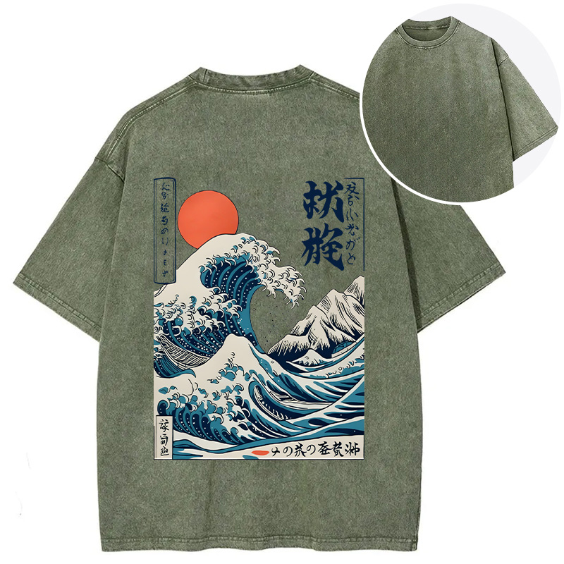 Tokyocanvas Ukiyo-e Ocean Waves Japan Back Washed T-Shirt
