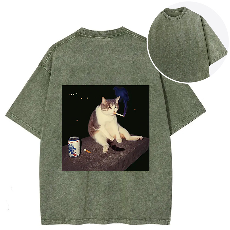 Tokyocanvas Cigarette Kitten Funny Smoking Cat Meme Back Washed T-Shirt