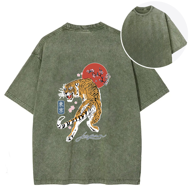 Tokyocanvas Tiger Blossom Japanese Sakura Back Washed T-Shirt