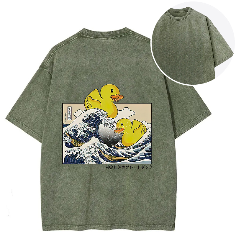 Tokyocanvas Ukiyoe Waves And Cute Yellow Duck Back Washed T-Shirt