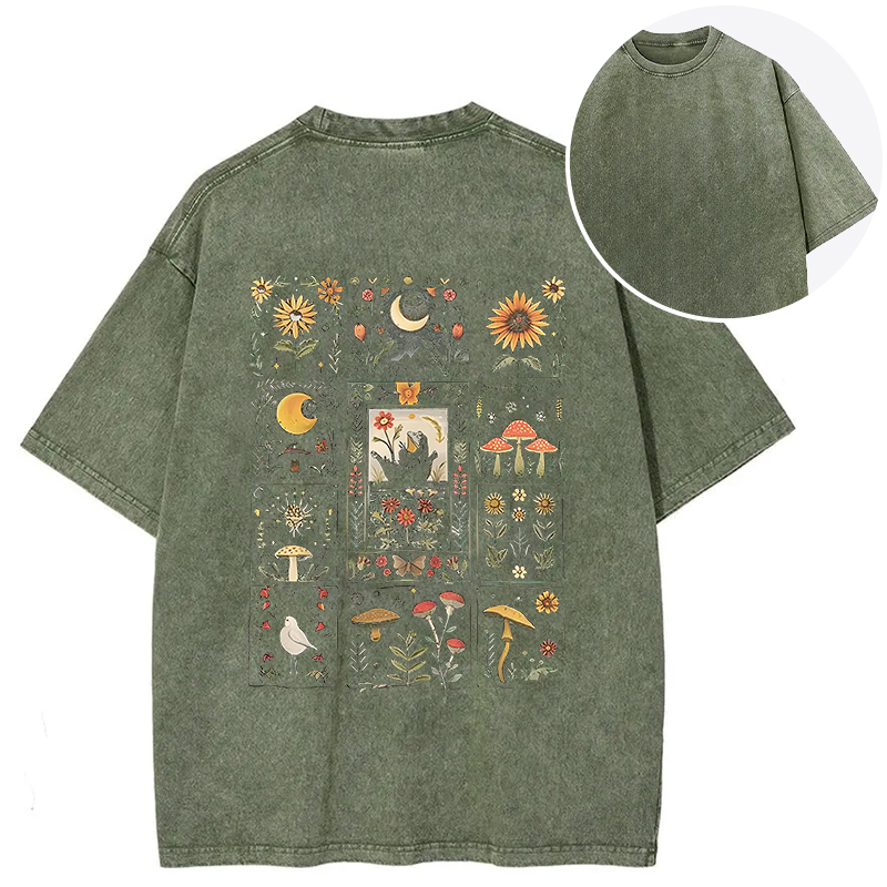 Tokyocanvas Frog Cottagecore Floral Whimsical Mushroom Back Washed T-Shirt