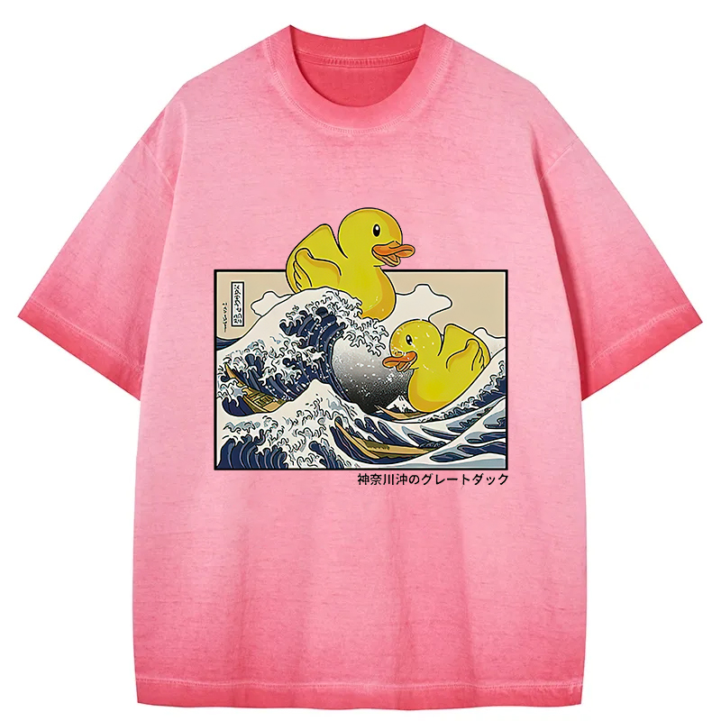 Tokyocanvas Ukiyoe Waves And Cute Yellow Duck Gradient Washed T-Shirt
