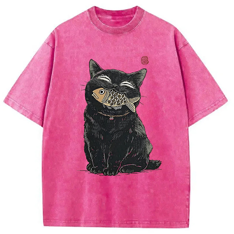 Tokyocanvas Happy Black Cat Washed T-Shirt