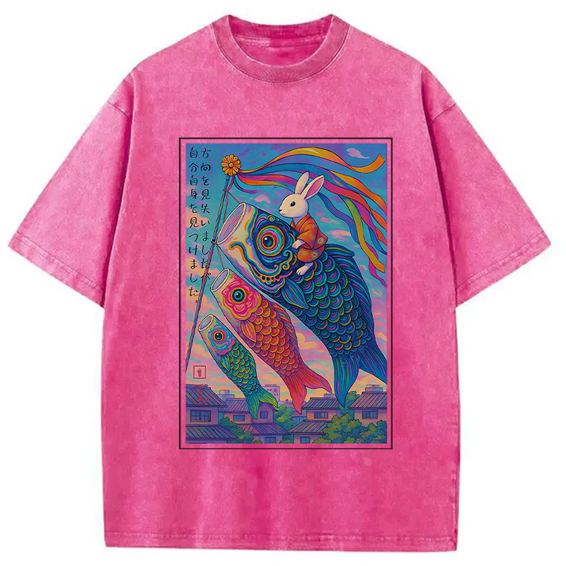 Tokyocanvas Ukiyoe Rabbit Ride Carp streamer Poster Washed T-Shirt