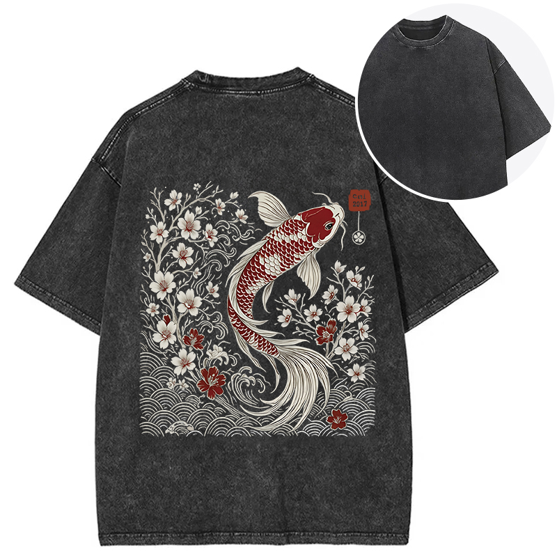 Tokyocanvas Vintage Sakura And Koi Back Washed T-Shirt