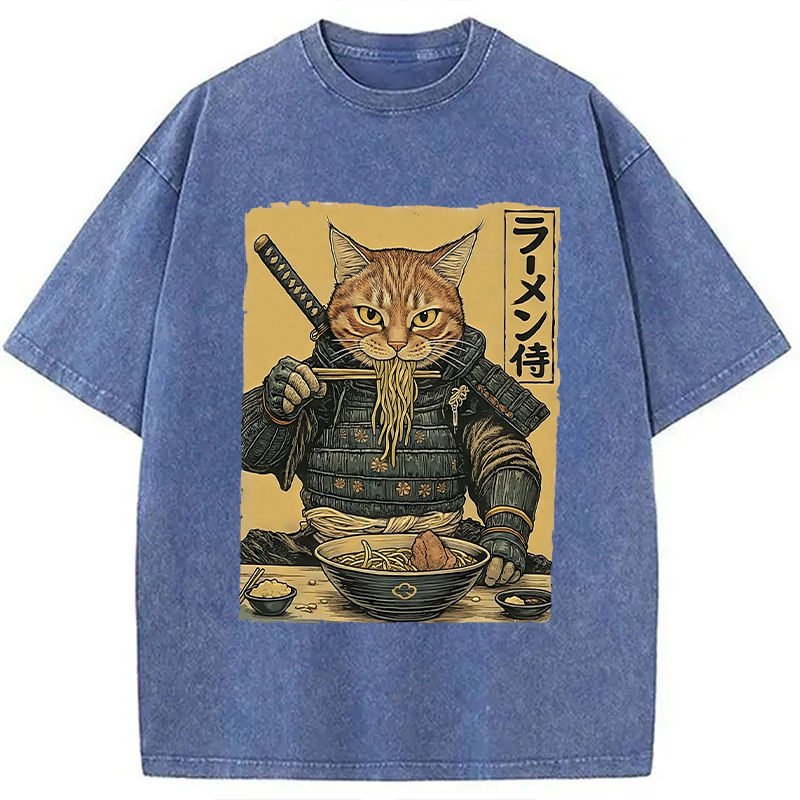 Tokyocanvas Cat General Eating Ramen Washed T-Shirt