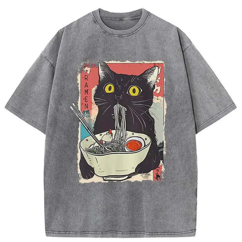 Tokyocanvas Cute Cat Eating Ramen Washed T-Shirt