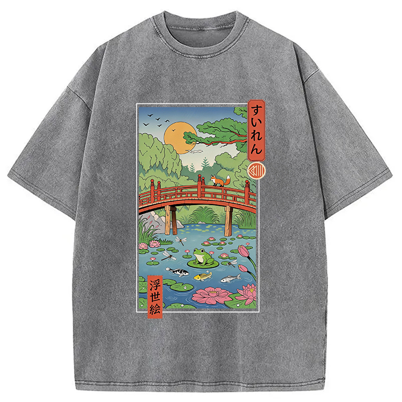 Tokyocanvas Water Lilies Ukiyo-e Washed T-Shirt